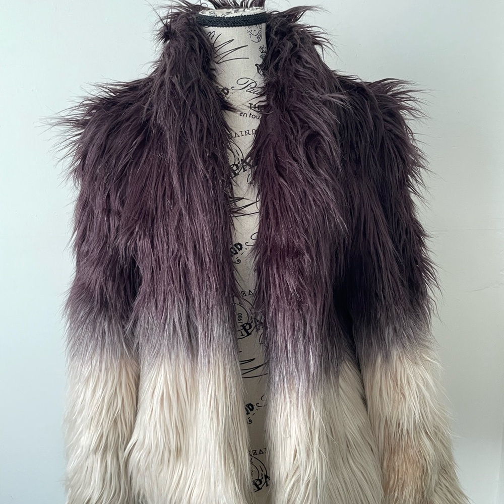 Chelsea28 Ombre Faux Fur Shaggy Jacket Coat Black Purple Cream Rave Festival